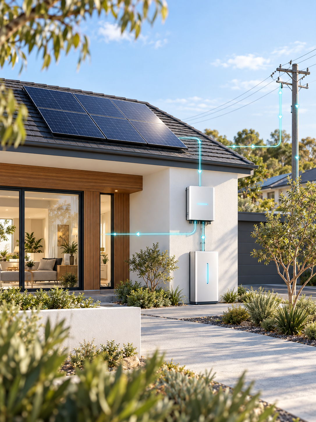 Solar panels under a bright blue sky
